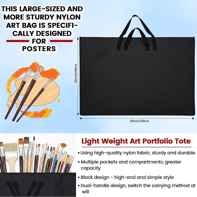 Abbylike 24 x 36 Inch Art Portfolio Bag Large Waterproof Nylon Carry Case Shoulder Strap Poster Board Painting Drawing Sketch Storage Artist Portfolio for Students Artwork Gift Supplies(Black)