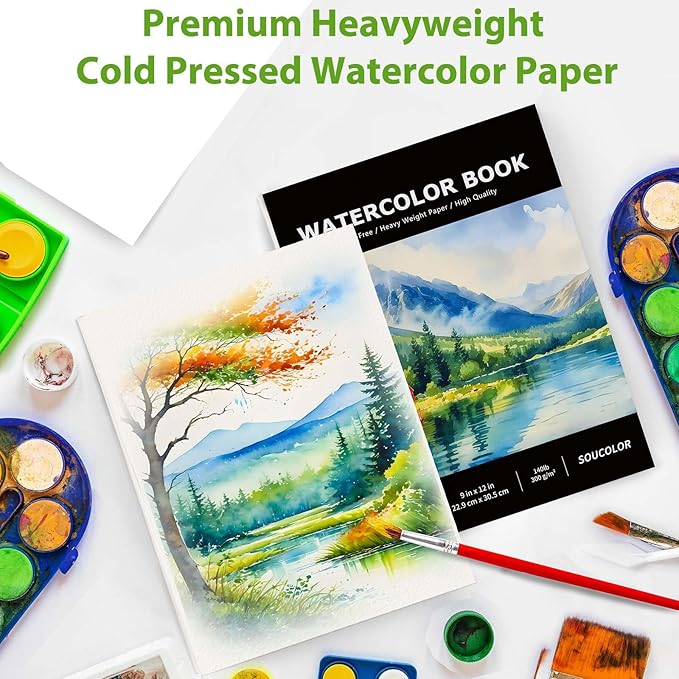 Soucolor 40 Sheets Watercolor Paper Pad, 9"x12" Water Color Paper, 140lb/300gsm Artist Painting Drawing Paper Book, Art Supplies for Adults, Watercolor Paint Set, Sketchbook, Journal, Notebook