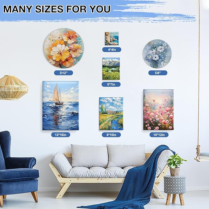 ESRICH 12 Pack Stretched Canvas for Painting, 4x4, 5x7, 8x10, 10x12, 12x16(2 of Each), Round Canvas with 8x8, 12x12(1 of Each), Blank Canvases Primed Paint Canvas for Beginners, Artists.