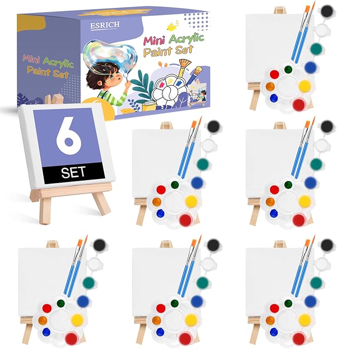 ESRICH 6 Set Mini Acrylic Paint Kit, Minis Stretched Canvas with Easel, Acrylic Paint Strips, Paint Palettes, Painting Brushes, Mini Canvas and Easel Set for Kids Artists Beginner, Gift
