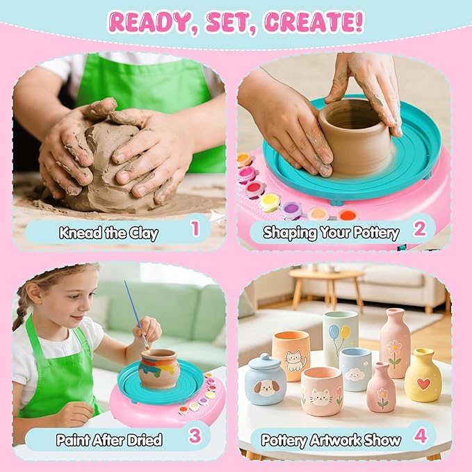 Easter Pottery Wheel for Kids Complete DIY Pottery Painting Kit, Arts and Crafts for Kids Ages 8-12 with 3 Air-Dry Clay Packs and Tools, Art Supplies Toys Birthday Gift for Boys Girls 6+ Years Old