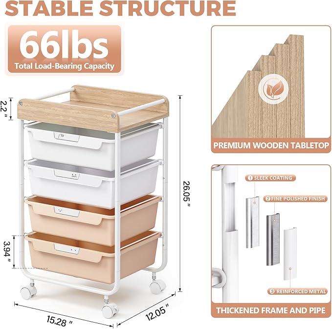 Rolling Storage Utility Cart With 4 Drawers,Kids Craft Art Cart,Makeup Organizer And Storage with Wooden Tabletop,Pearl