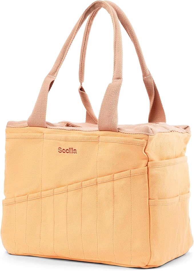 Soolla Studio Bag: Art Supply Storage Organizer & Pottery Tool Bag, Washable Craft Tote, Knitting Yarn, Crochet Projects, 30 Pockets, 15+ Canvas Colors, Artist Gift for Adults (Creamsicle Crush)