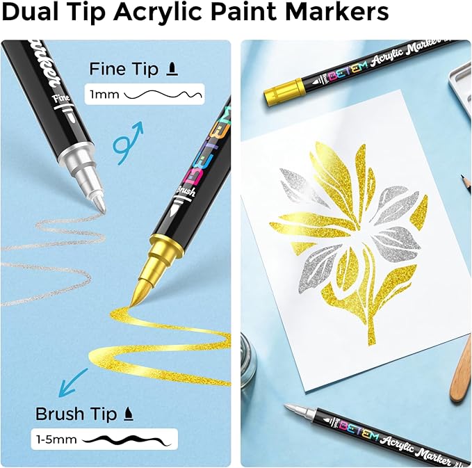Betem Dual Tip Acrylic Paint Pens, Gold & Silver Paint Markers for Glass, Window, Fabric, Wood, Rock, Canvas, Acrylic Markers with Fine & Brush Tip, Art & Craft Supplies, Teacher Appreciation Gift