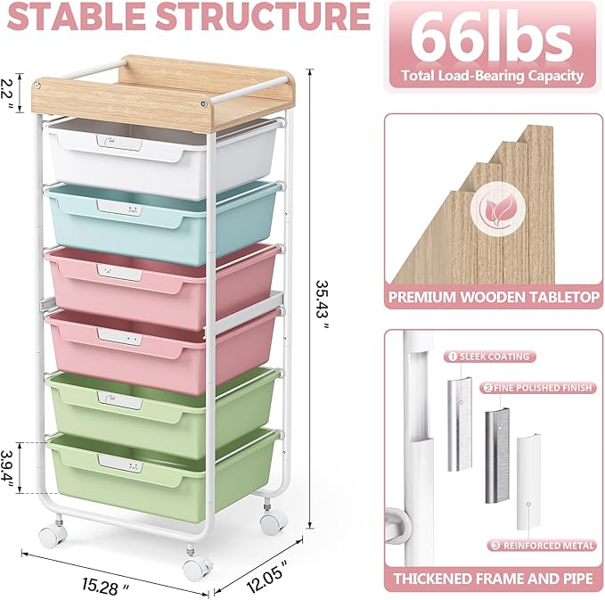 SYKIARIOL Rolling Cart with 6 Drawers,Utility Storage Cart with Drawers,Art Craft Organizers and Storage,Makeup Organizer with Wooden Tabletop,Colorful