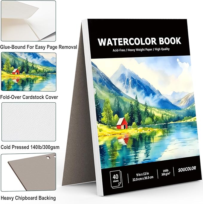 Soucolor 40 Sheets Watercolor Paper Pad, 9"x12" Water Color Paper, 140lb/300gsm Artist Painting Drawing Paper Book, Art Supplies for Adults, Watercolor Paint Set, Sketchbook, Journal, Notebook
