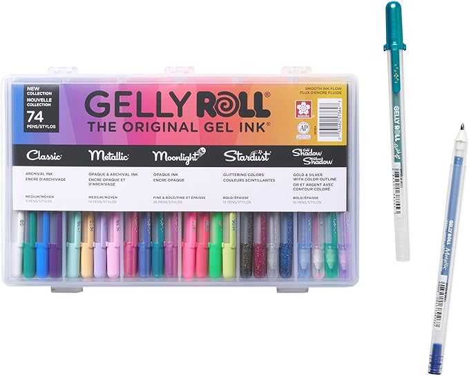 SAKURA Gelly Roll Gel Pens - Gift Set - Ink Pen Set for Journaling, Art, Calligraphy, or Drawing - Assorted Point Sizes with Storage Case - Assorted Colored Ink with Special Effects - 74 Pack