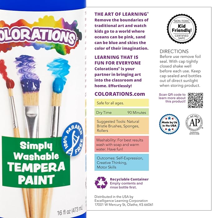 Colorations Paraben-Free Washable Tempera Paint Set, 19 Colors, Non-Toxic, Vibrant, Kids' Art Supplies, Classroom Must Haves