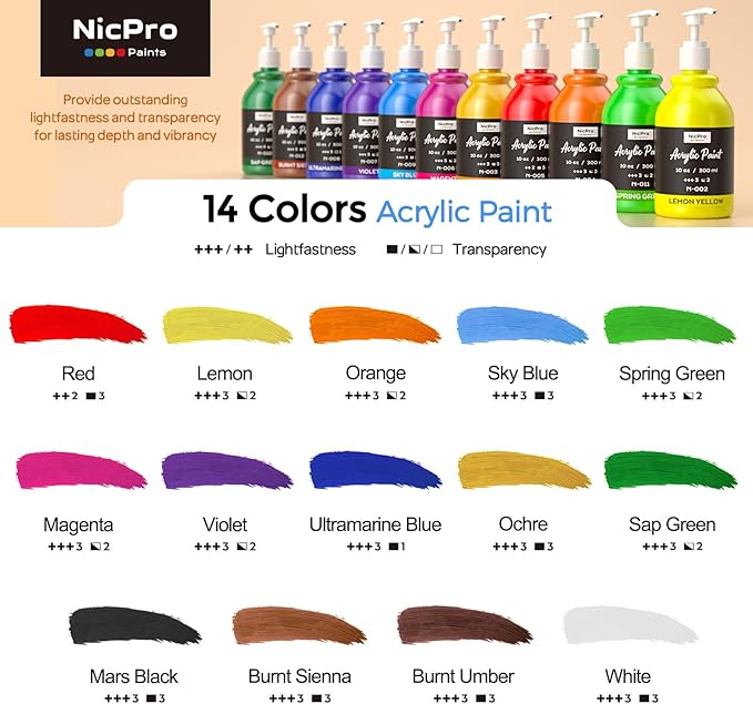 Nicpro 14 Colors Acrylic Paint Set (10oz/300ml), Large Bulk Acrylic Paints kits Rich Pigment Art Painting Supplies for Artists, Beginners, Adults on Rock Crafts Canvas, Wood, Ceramic with Pump
