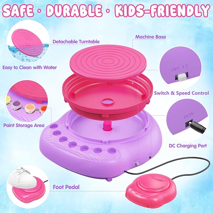Pottery Wheel for Kids Complete DIY Pottery Painting Kit, Arts and Crafts for Kids Ages 8-12 with 3 Air-Dry Clay Packs and Tools, Art Supplies Toys Birthday Easter Gift for Boys Girls 6+ Years Old