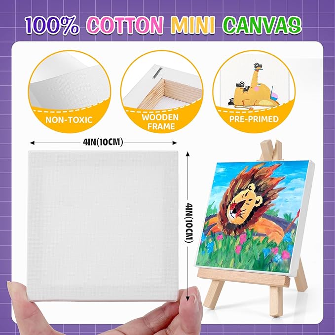 ESRICH 30 Pack Mini Acrylic Paint Kit,Canvas Painting Kit,4in Stretched Canva with 6in Easel,Acrylic Paint Strips,Palettes,Painting Brushes,Canva and Easel Set for Kids Artists Beginner,Gift