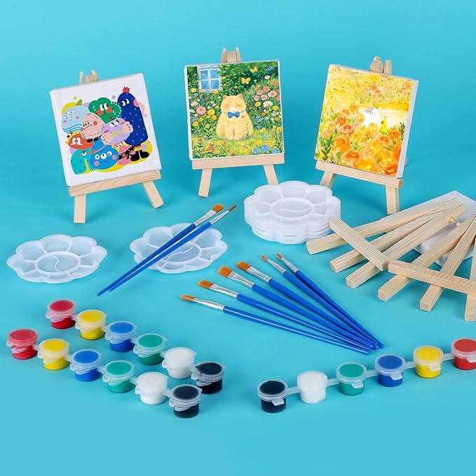 ESRICH 24 Set Mini Acrylic Paint Kit, Mini Stretched Canvas with Easel, Valentines Day Gifts, Acrylic Paint Strips, Paint Palettes, Painting Brushes, Canvas and Easel Set for Kids Artists Beginner