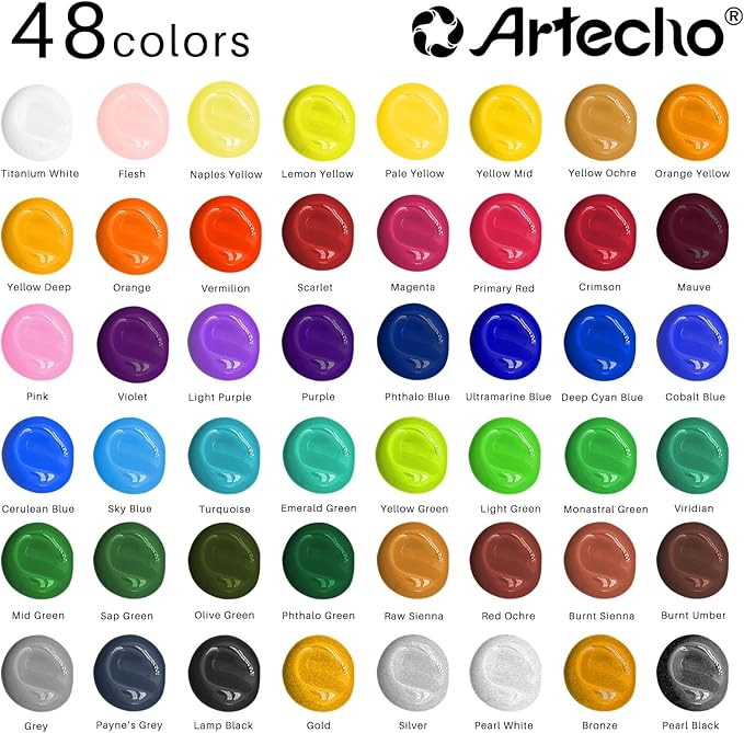 Artecho 48 Colors Acrylic Paint Set (2oz/59ml) with 12 Brushes, Craft Paints for Canvas, Wood, Rock Painting & Fabric, Rich Pigment Non Toxic Art Supplies for Artists & Beginners