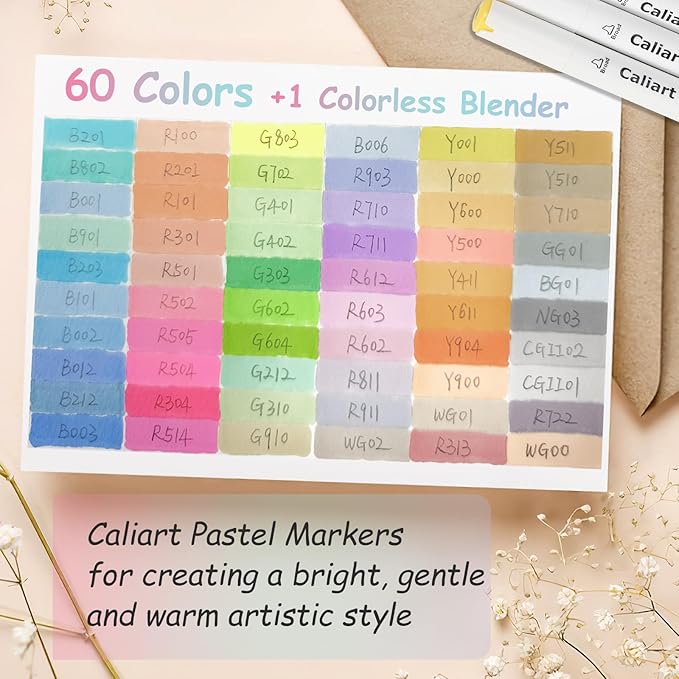 Caliart Pastel Alcohol Markers, 61 Colors Fine & Broad Chisel Dual Tip Permanent Art Markers with Carrying Case, Alcohol Based Sketch Pens for Adults Artists Coloring Painting Drawing Illustration