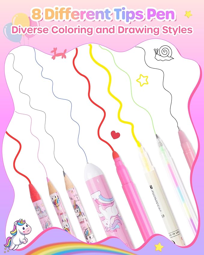 D-FantiX Unicorn Art Supplies Convertible Bag for Girls, 63Pcs Coloring Drawing Set for Kids with Fruit Scented Markers, Portable Travel Activity Kit, Birthday Gift for 4 5 6 7 8-12 Year Old Girls