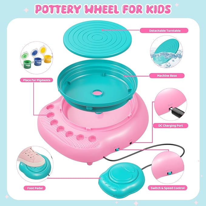 Easter Pottery Wheel for Kids Complete DIY Pottery Painting Kit, Arts and Crafts for Kids Ages 8-12 with 3 Air-Dry Clay Packs and Tools, Art Supplies Toys Birthday Gift for Boys Girls 6+ Years Old