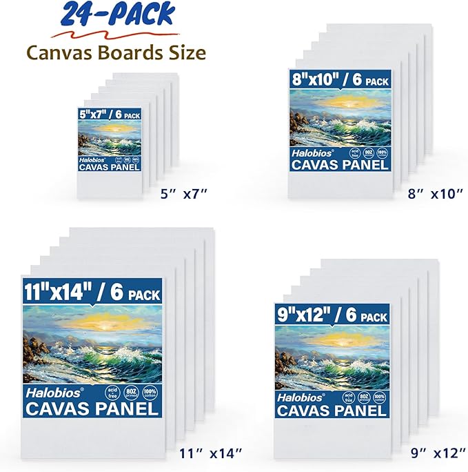Halobios 24-Pack Canvas Boards for Painting, 6 of 5x7 8x10 9x12 11x14 Canvas Panels for Kid & Adults 100% Cotton Gesso Primed Art Painting Supplies for Acrylic, Oil, Tempera & Watercolor