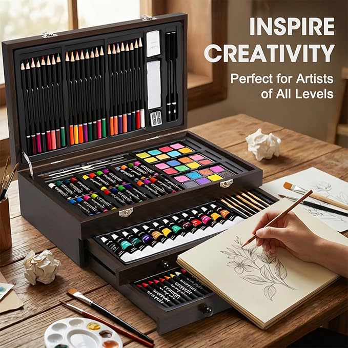 175-Pack Deluxe Wooden Art Set Drawing Painting Kit with 2 Drawing Pads, Acrylic Paints, Colored Pencils, Crayons, Paint Brush, Art Kit in Wooden Case, Gift for Artist, Adults, Teens and Kids