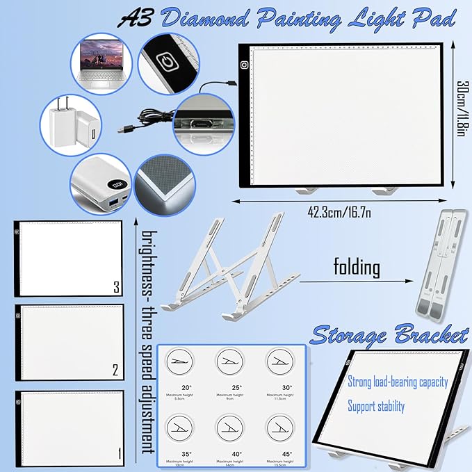 NLXCXUCY 244Pcs Diamond Art Accessories Kit All-Inclusive Diamond Painting Tool Set with A3 Diamond Painting Light Pad,Diamond Art Sealer Glue, Diamond Correction Pens, Storage Box for DIY Craft