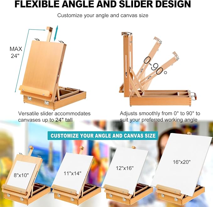 Beechwood Tabletop Easel for Painting, Portable Adjustable Sketchbox Art Easel Stand with Detachable Shoulder Strap for Beginners and Art Lovers