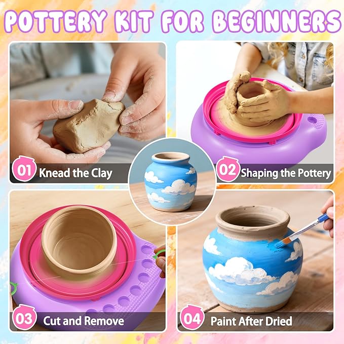 Pottery Wheel for Kids Complete DIY Pottery Painting Kit, Arts and Crafts for Kids Ages 8-12 with 3 Air-Dry Clay Packs and Tools, Art Supplies Toys Birthday Easter Gift for Boys Girls 6+ Years Old