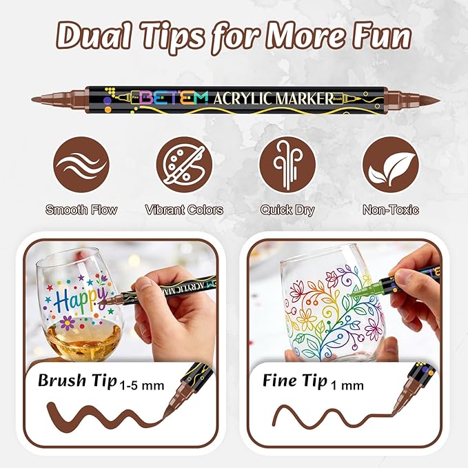 Betem Dual Tip Acrylic Paint Pens, 24 Colors Paint Markers for Glass, Window, Fabric, Wood, Rock, Canvas, Acrylic Markers with Fine & Brush Tip, Art & Craft Supplies, Teacher Appreciation Gift