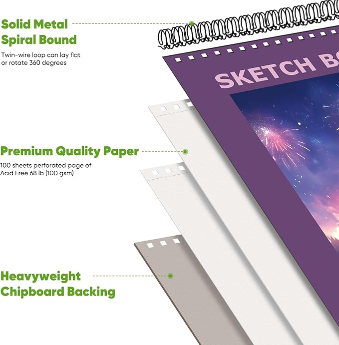Soucolor 9"x12" Sketch Book for Women Sketch Book, 100 Sheets (68lb/100gsm) Drawing Paper, Art Supplies for Kids, 1-Pack Art School Supplies