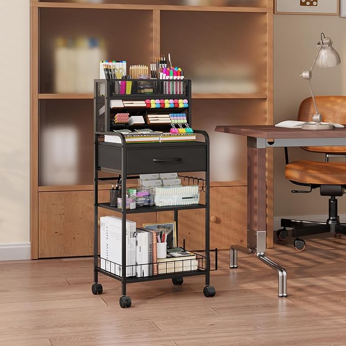 Homsorout Art cart, 3 Tier Rolling Cart - Utility Cart with Storage Drawer and Wheels, Versatile Art & Craft Organizer for Home, Office, or Studio Ideal for Storing Brushes, Paints (Black)