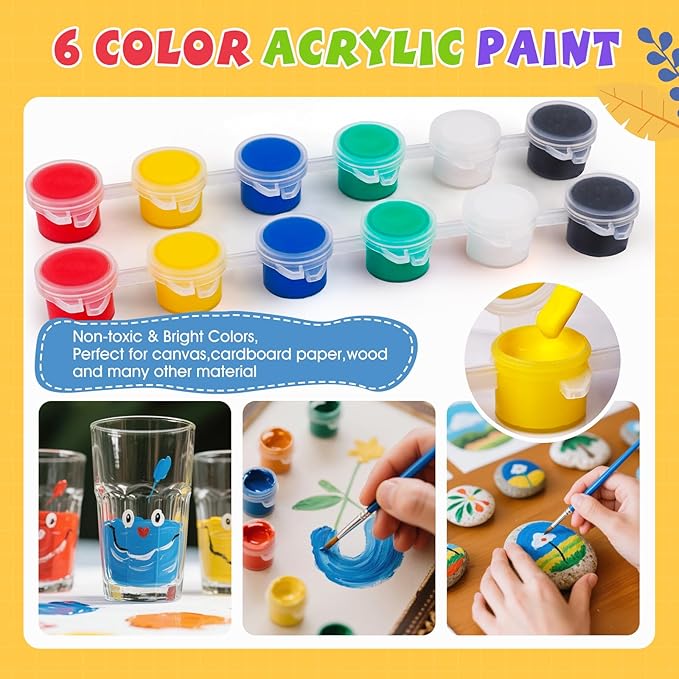 ESRICH 16 Set Mini Acrylic Paint Kit, 5in Mini Stretched Canvas with 7.5in Easel, Acrylic Paint Strips, Paint Palettes, Painting Brushes, Small Canvas and Easel Set for Kids Artists Beginner, Gift