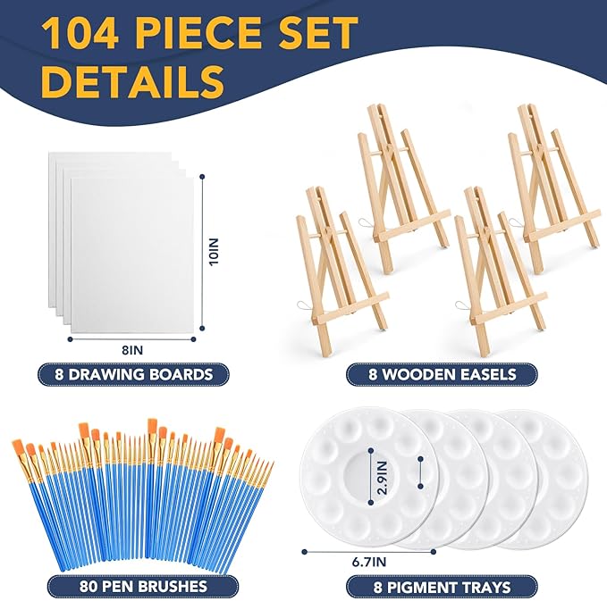 AROIC 104 Pack Easel and Canvas Sets with 8 Wood Easels,80 Brushes,8 Canvas and 8 Palette, Painting Set, Art Tabletop Easel, Painting Supplies for Kids & Adults Party