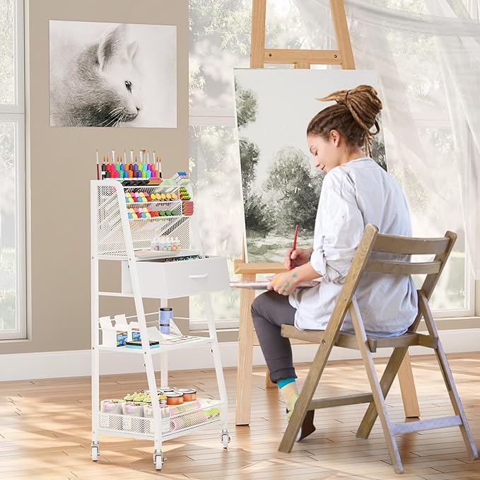 Homsorout 3 Tier Rolling Cart - Metal Utility Cart with Storage Drawer and Wheels, Versatile Art & Craft Organizer for Home, Office, or Studio - Ideal for Storing Brushes, Paints, and Supplies（White）