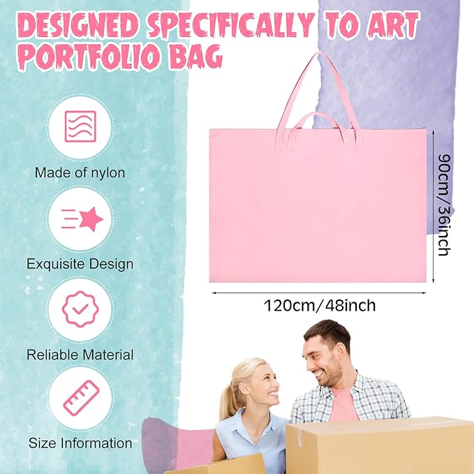 Abbylike 1 Pcs 48 x 36 Inch Art Portfolio Bag Large Size Art Supply Bag with Nylon Shoulder Waterproof Poster Board Painting Drawing Sketch Storage Carry Case for Artwork Gift Supplies (Pink)