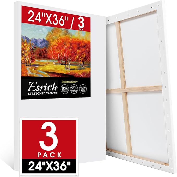 ESRICH Stretched Canvas for Painting 24x36 Inch, 3Pack Large Canvas for Painting, Primed Acid-Free Cotton Blank Canvases, Art Paint Canvases for Oil Paint,Watercolor,Acrylic Paint,Gouache and Tempera.