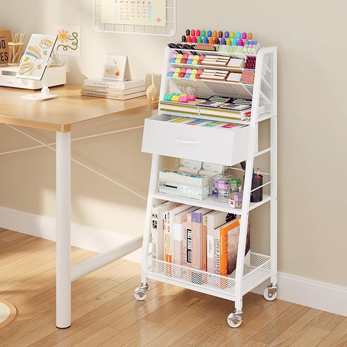 Homsorout 3 Tier Rolling Cart - Metal Utility Cart with Storage Drawer and Wheels, Versatile Art & Craft Organizer for Home, Office, or Studio - Ideal for Storing Brushes, Paints, and Supplies（White）