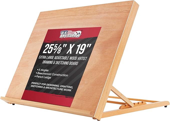 U.S. Art Supply X-Large 25-5/8" x 19" (A2) Wooden Drawing Board, Adjustable Table Top Easel for Painting and Drawing - Drafting Board with 6 Angles, Pencil Ledge, Locking Storage Drawer