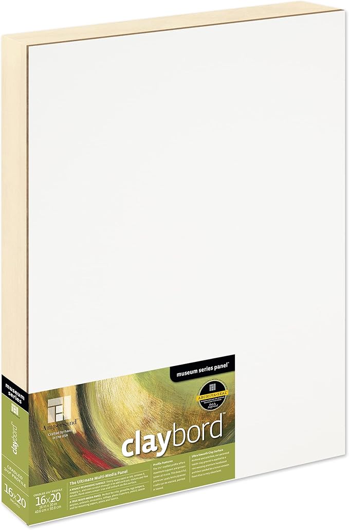 Ampersand Art Supply Claybord | 16" x 20" | 1-1/2" Cradled Profile | Kaolin Clay Painting Panel for Acrylic, Ink, Watercolor & Mixed Media | Canvas & Paper Alternative