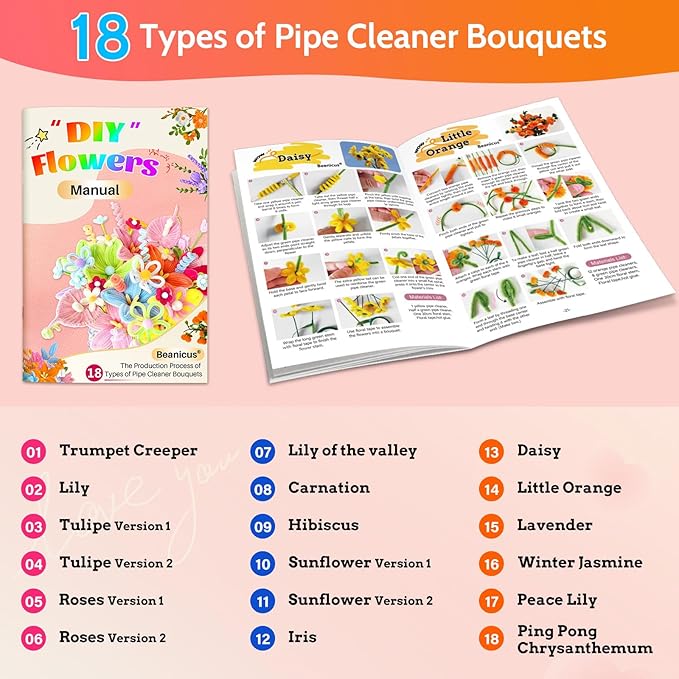 beanicus 700 PCS Pipe Cleaners Craft, Pipe Cleaners Flowers Kit with Handle, 14 Colors Chenille Stems with 18 Flowers Instruction, Art and Craft Supplies
