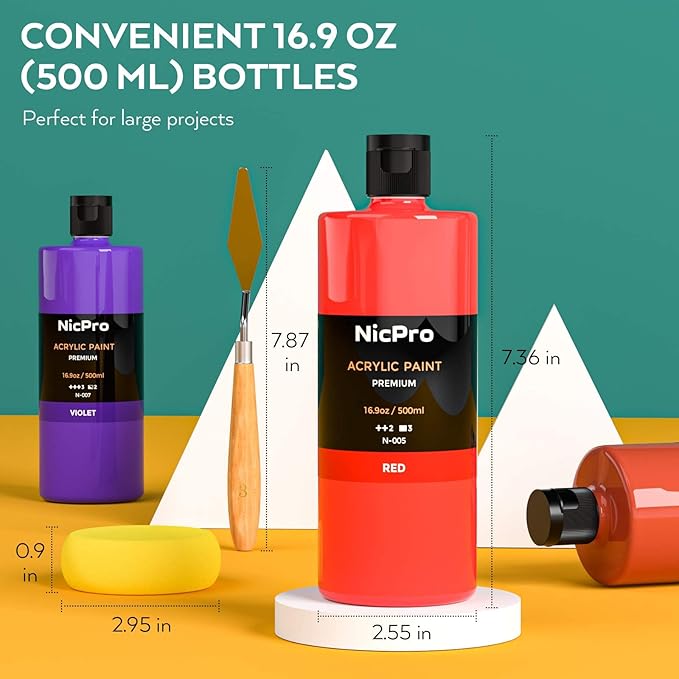 Nicpro 14 Colors Large Bulk Acrylic Paint Set (16.9 oz,500 ml) Rich Art Painting Supplies, Non Toxic for Multi Surface Rock Canvas Wood Ceramic Leather Fabric Craft, for Adult with Color Wheel