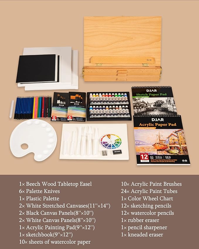 DJAR 87 pcs Acrylic Paint Set with 3 Drawer Storage, 24 Colors of Acrylic Paint, Sketch Book, Paints and Pads, Art Supplies Kit for Adults, Teens and Beginners