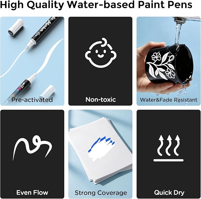 Betem Dual Tip Acrylic Paint Pens, 2 White Paint Markers for Glass, Window, Fabric, Wood, Rock, Canvas, Acrylic Markers with Fine & Brush Tip, Art & Craft Supplies, Teacher Appreciation Gift
