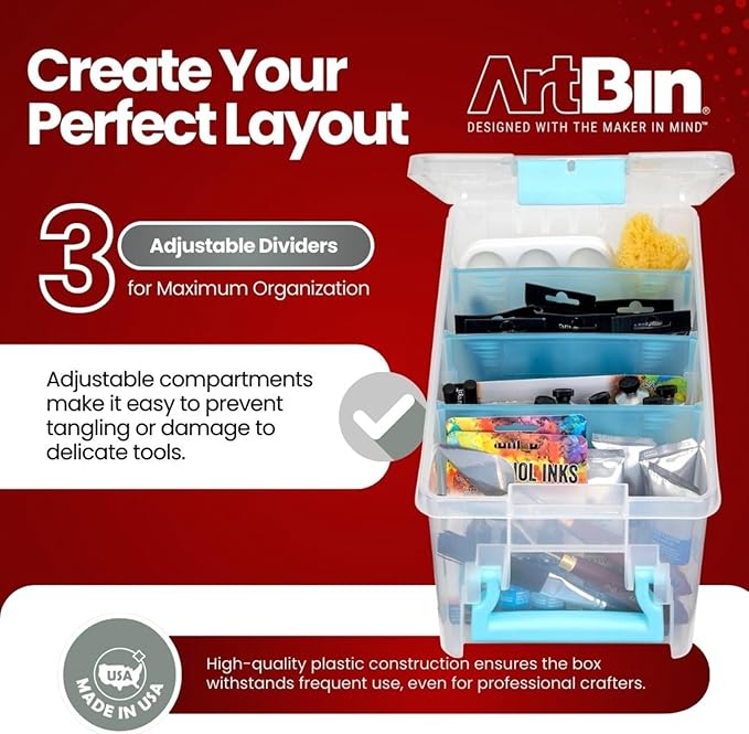 ArtBin 6925AA Semi Satchel with Removable Dividers, Portable Art & Craft Organizer with Handle, [1] Plastic Storage Case, Clear - Aqua Accents (Pack of 4)
