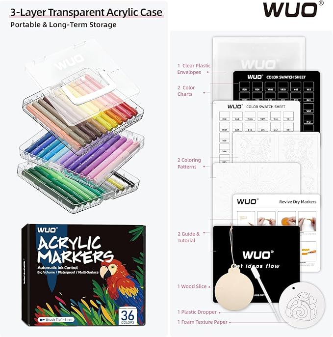 WUO 36 Colors Acrylic Paint Markers, Automatic Ink Control Brush Tip Pens, Water-Based No-Bleed Markers for Rock, Canvas, Wood, Glass, Ceramic, and DIY Art Supplies