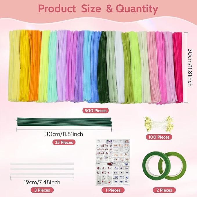 500 PCS Pipe Cleaners Craft, Pipe Cleaners Flowers Kit with Handle, 20 Colors Chenille Stems with Instruction, Art and Craft Supplies, Colored Pipecleaners Bulk