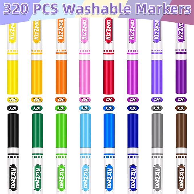 KIZZYEA Washable Markers Bulk for Kids, 320 Count, 16 Assorted Colors, Broad Line Coloring Markers for School, Classroom Supplies for Teachers, Student Art Supplies & Back to School Crafts