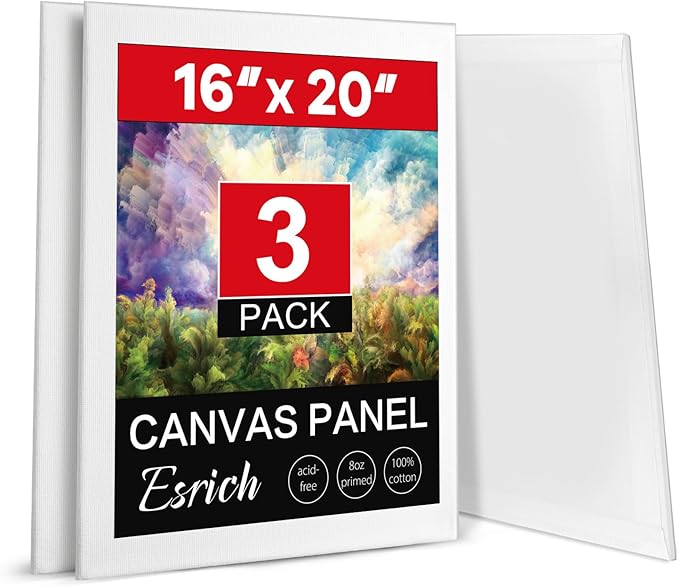 ESRICH Canvases for Painting 16x20 Inch, 3 Pack Flat Canvas Boards for Painting Cotton Primed Acid Free Large Blank Canvas Panels for Oil Paint, Watercolor, Acrylic Paint, Gouache and Tempera.