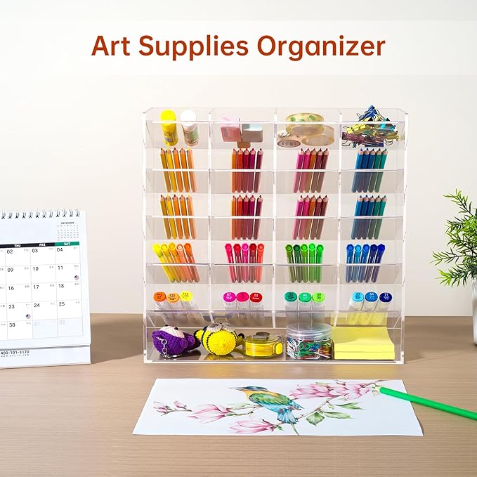 BEYGORM Acrylic Vertical Marker Organizer for 250 Markers with 21 Compartments, Clear Angled Pen & Pencil Holder, Large Desk Stationery & Art Supply Storage for Office & School (13 x 12.5 x 4 Inch)