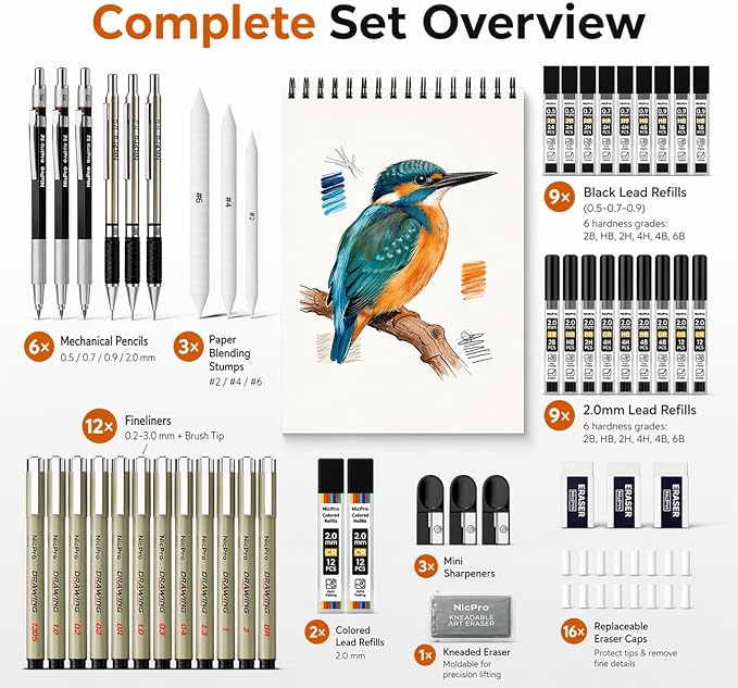 Nicpro 52PCS Art Drawing Supplies Kit, Metal Mechanical Pencil Set 0.5, 0.7, 0.9 & 2mm, 9x12 Sketch Book, 12 Fineliner Pens, 20 Tubes Leads, School Supplies Drawing Kit for Artist Adults Sketching