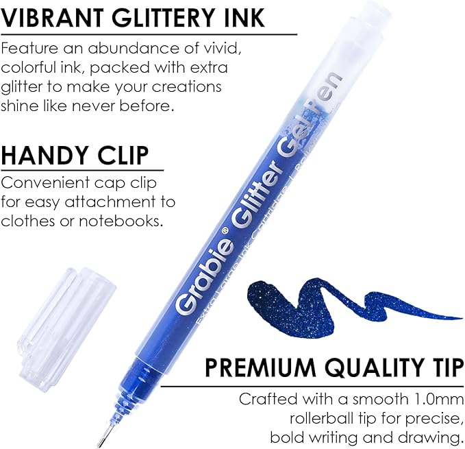 Grabie Jumbo Glitter Gel Pens Set of 18, Metallic Sparkle Gel Ink Pens, Large Capacity Vibrant Glitter Pens for Coloring Books, Drawing, Journaling, Scrapbooking & DIY Crafts, Smooth Writing Art Pens