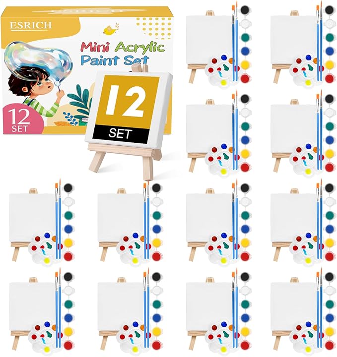 ESRICH 12 Set Mini Acrylic Paint Kit, Minis Stretched Canvas with Easel, Acrylic Paint Strips, Palettes, Painting Brushes, Mini Canvas and Easel Set for Kids Artists Beginner,Gift