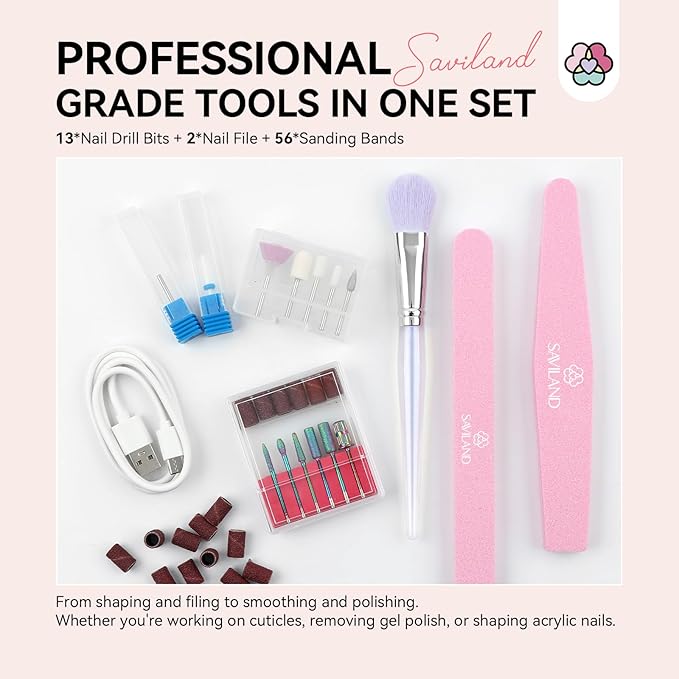 SAVILAND Professional Nail Drill : 40000RPM Rechargeable Pink Nail Drill Kit Electric Filer with 6000mAh Battery for Shaping, Removing & Polishing Acrylic Nails Home Salon Manicure Pedicure Ideal Gift